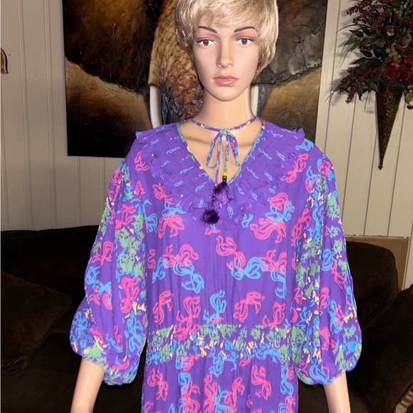 Diane Freis • Vintage • Large • Purple/Pink W/ Ribbon Design~Ruffles/Tie • Dress - Picture 5 of 15
